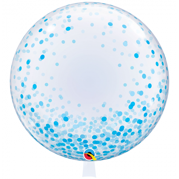Deco Bubble transparent mit blauen Punkten befüllbar mit bunten Ballons und Geldscheinen, personalisierbar mit Wunschtext