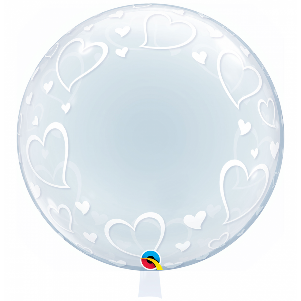 Deco Bubble transparent mit Herzen und befüllbar mit bunten Ballons und Geldscheinen, personalisierbar mit Wunschtext