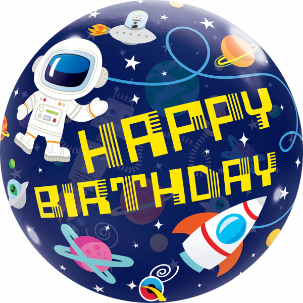 Bubble Ballon blau mit Happy Birthday und Astronauten und Weltraumsymbolen