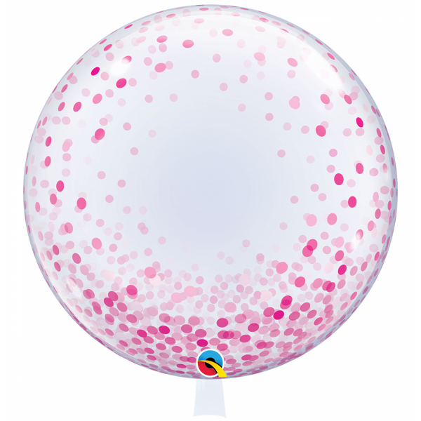 Deco Bubble transparent mit pinken Punkten befüllbar mit bunten Ballons und Geldscheinen, personalisierbar mit Wunschtext