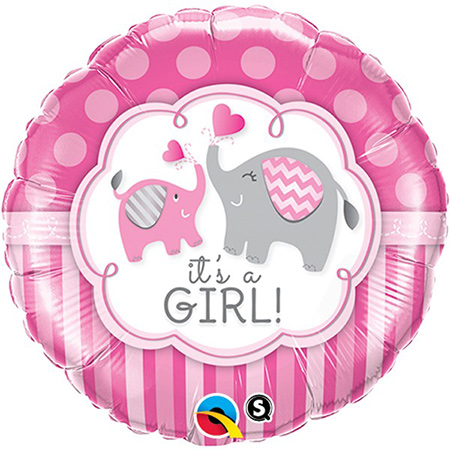 Folienballon its a girl pink und weiß mit Elefanten 45 cm rund