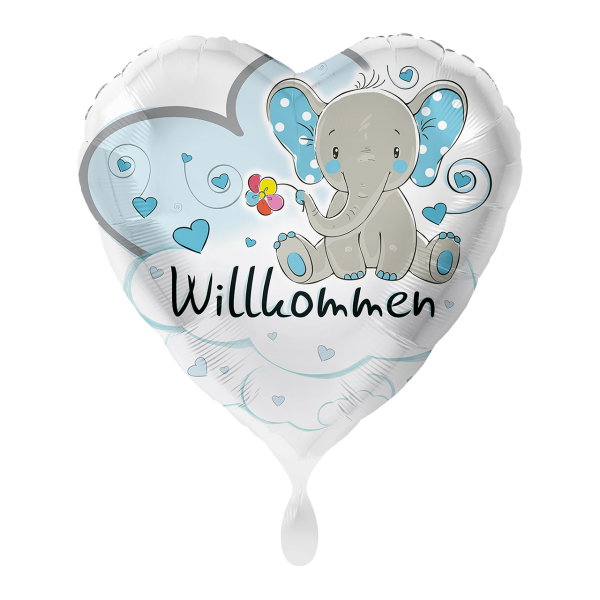Folienballon Herzballon Willkommen mit Elefant hellblau 71 cm