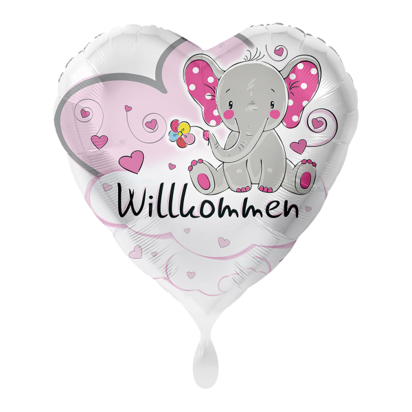 Folienballon Herzballon Willkommen mit Elefant rosa 71 cm