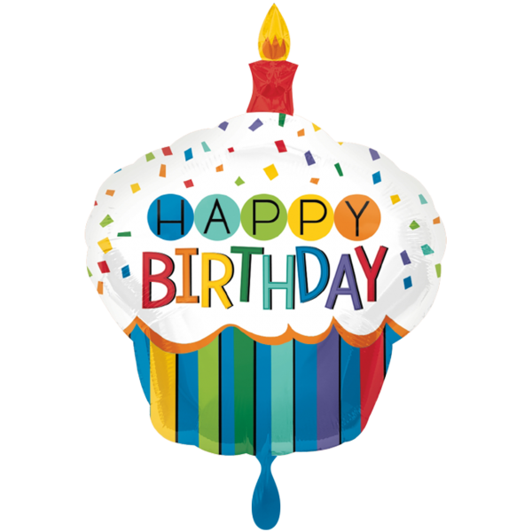 Folienballon XXL als Cupcake mit  Kerze und der Aufschrift Happy Birthday