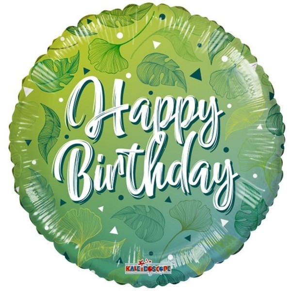 Folienballon Happy Birthday grün mit Blättern rund 45 cm