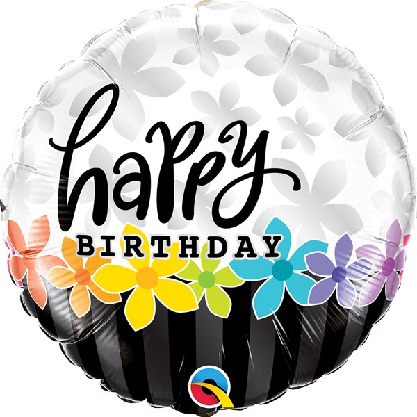 Folienballon Happy Birthday 45 cm rund mit Blumen schwarz silber