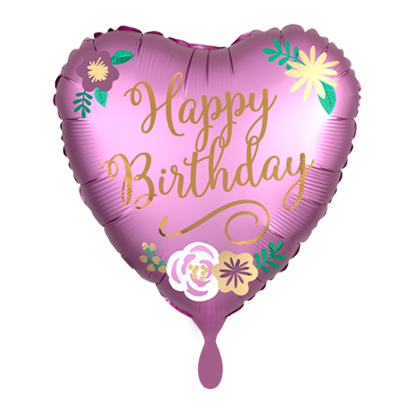 Folienballon Happy Birthday in Herzform pink mit goldener Schrift und Blumen