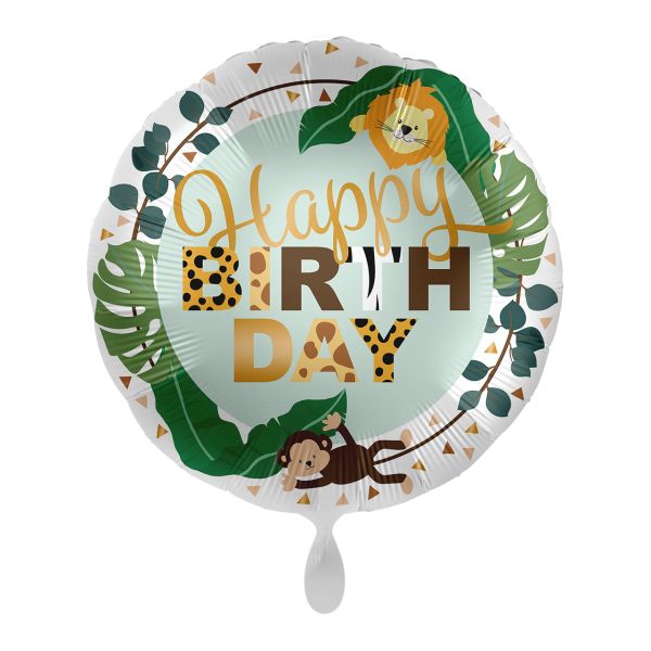 Folienballon Rundballon Happy Birthday Dschungeloptik mit Löwe und Äffchen 45 cm
