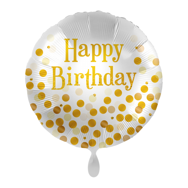 Folienballon Happy Birthday weiß mit goldenen kleinen Punkten 45 cm