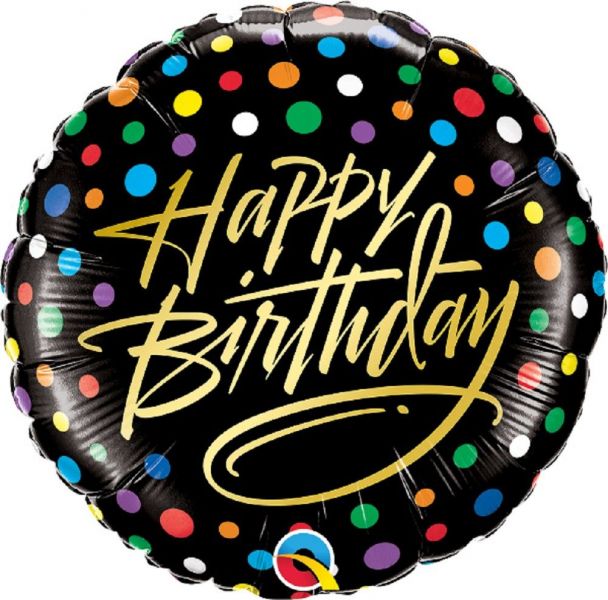 Folienballon Rundballon Happy Birthday schwarz mit bunten Punkten 45 cm