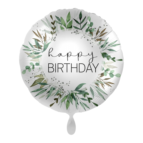 Folienballon Happy Birthday weiß mit Blättern 45 cm