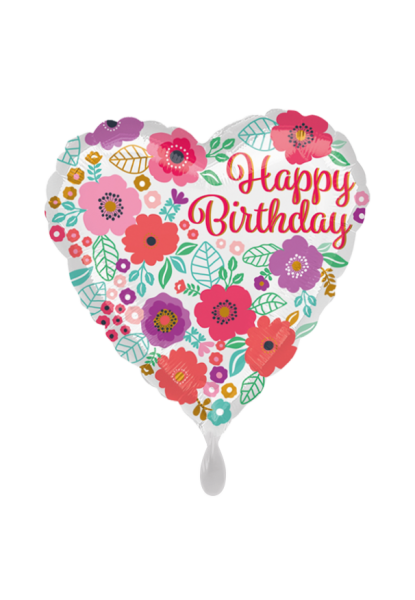 Folienballon in Herzform Hapyy Birthday mit rosa Blumen