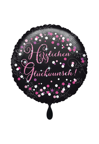 Folienballon Herzlichen Glückwunsch schwarz mit pinken Punkten