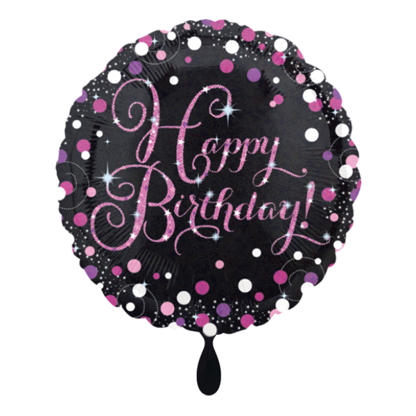 Folienballon rund, schwarz mit Pinkglitzer und der Aufschrift Happy Birthday als Geschenkballon