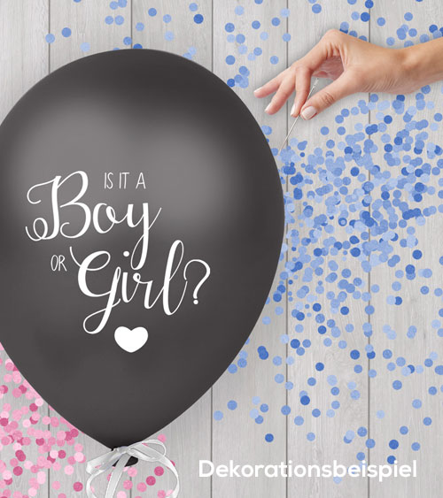 Latexballon schwarz mit der Aufschrift Boy or Girl gefüllt mit blauem oder rosa Konfetti zum Zerstechen
