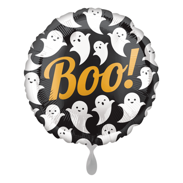 Folienballon mit der Aufschrift Boo schwarz mit kleinen Gespenstern