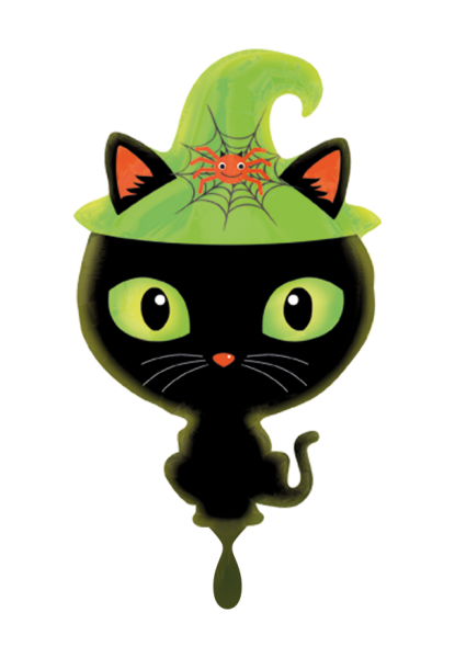 Folienballon XL schwarze Katze mit grünem Hut zur Halloweendekoration