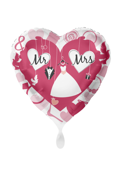 Folienballon Mr & Mrs mit pinkem Hintergrund und Hochzeitskleid als Geschenkballon