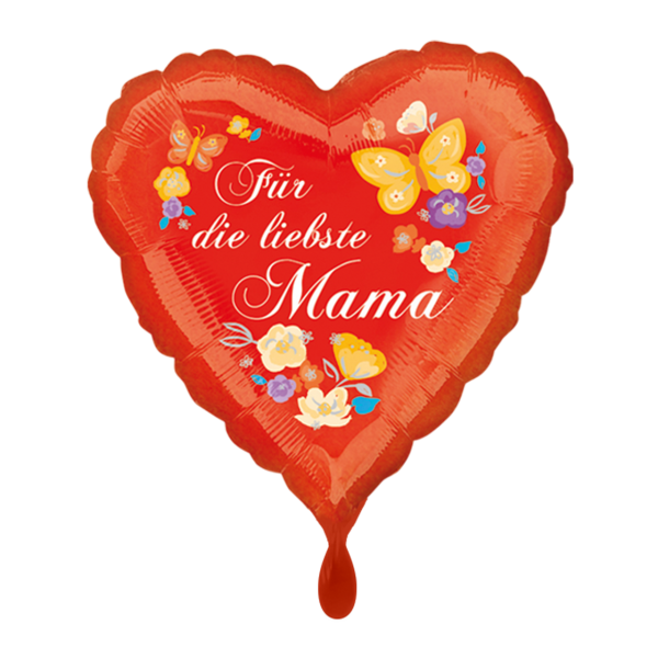 Folienballon für die liebste Mama in Herzform rot mit Blumen und Schmetterlingen zum Muttertag