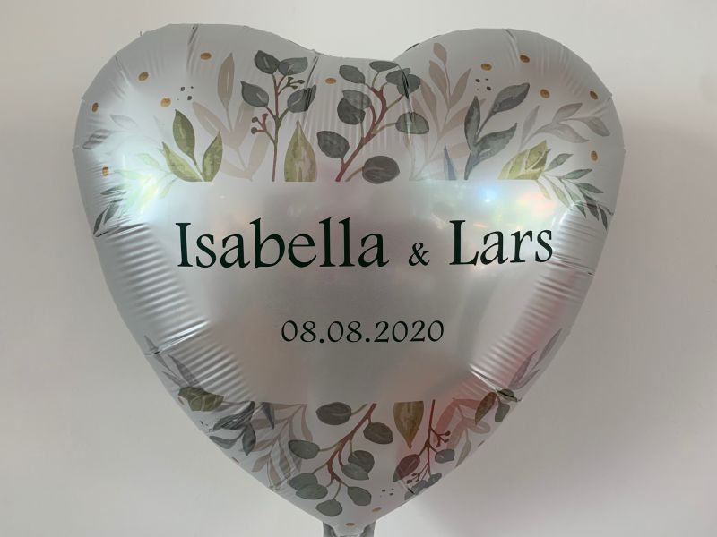 Folienballon Herz mit Vintagelook personalisiert mit Namen des Brautpaares und Datum als Hochzeitsgeschenk