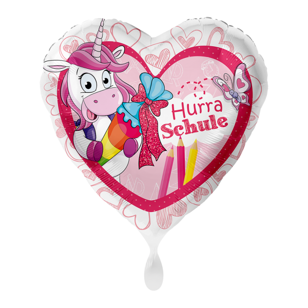 Folienballon Hurra Schule mit einem Einhorn in Herzform zur Einschulung