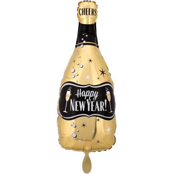 Folienballon Happy New Year Sektflasche zweifarbig schwarz und gold 66 cm