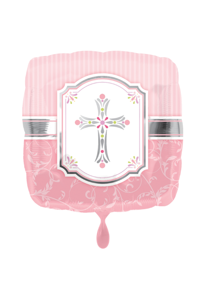 Folienballon quadratisch rosa mit einem Kreuz für religiöse Anlässe