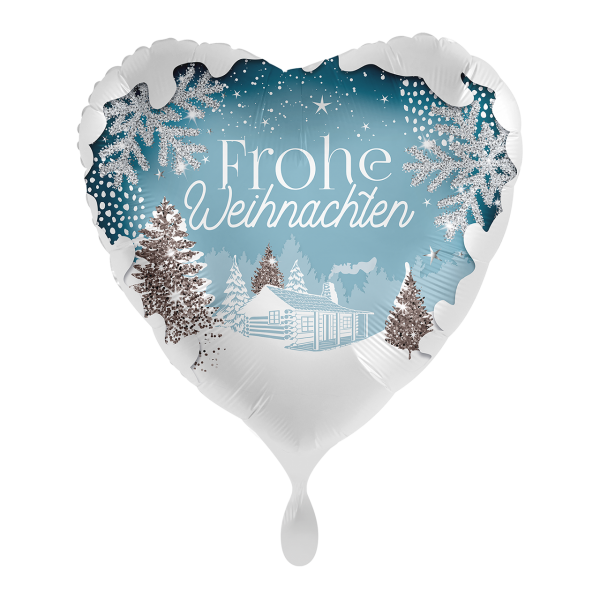 Folienballon Herzballon Frohe Weihnachten hellblau weiß mit Winterlandschaft, 45 cm, herzförmig