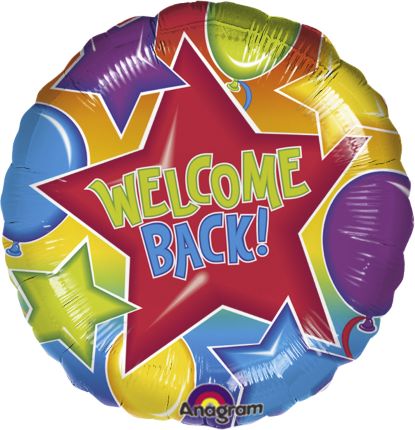 Folienballon Welcome Back bunt mit Sternen und Ballons